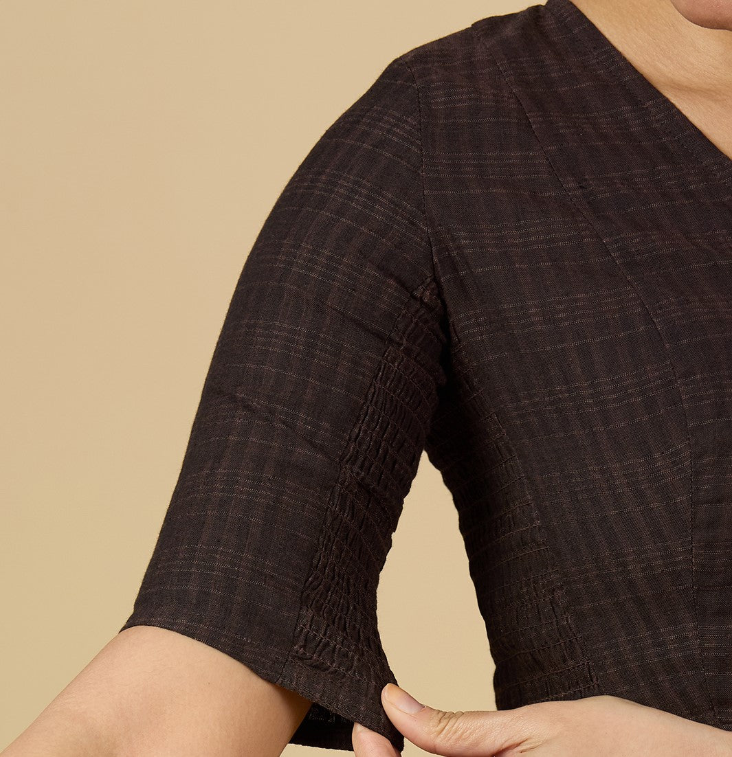 Women's Brown Cotton Madras Checks Saree Blouse with Stretchable Sides (Design 2903)