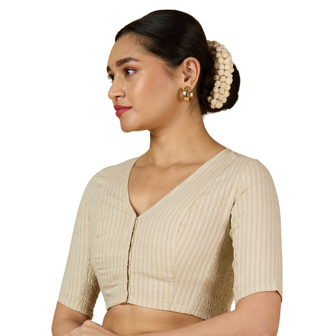 Women's Cream Cotton Madras Checks Saree Blouse with Stretchable Sides (Design 2903)