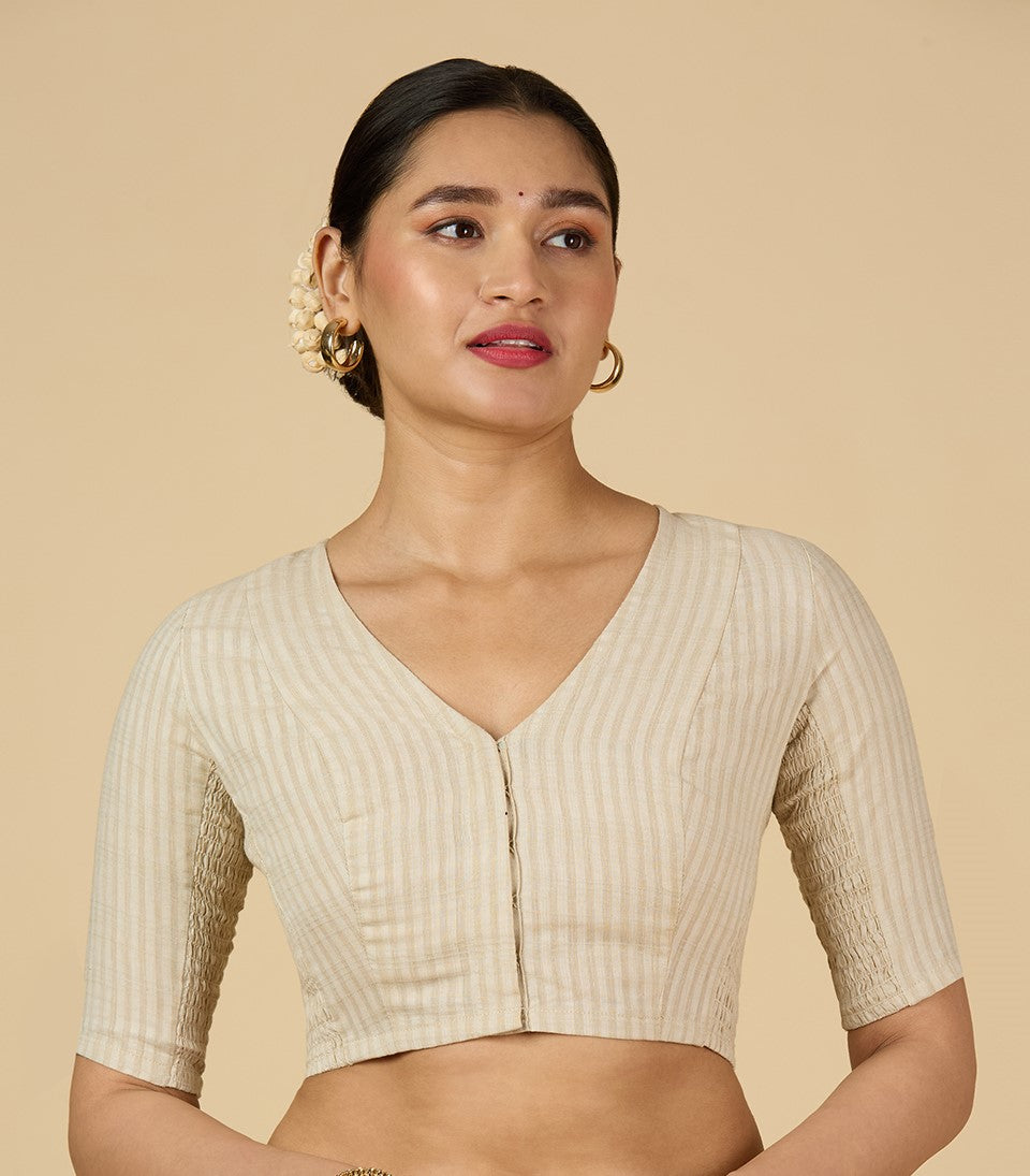 Women's Cream Cotton Madras Checks Saree Blouse with Stretchable Sides (Design 2903)