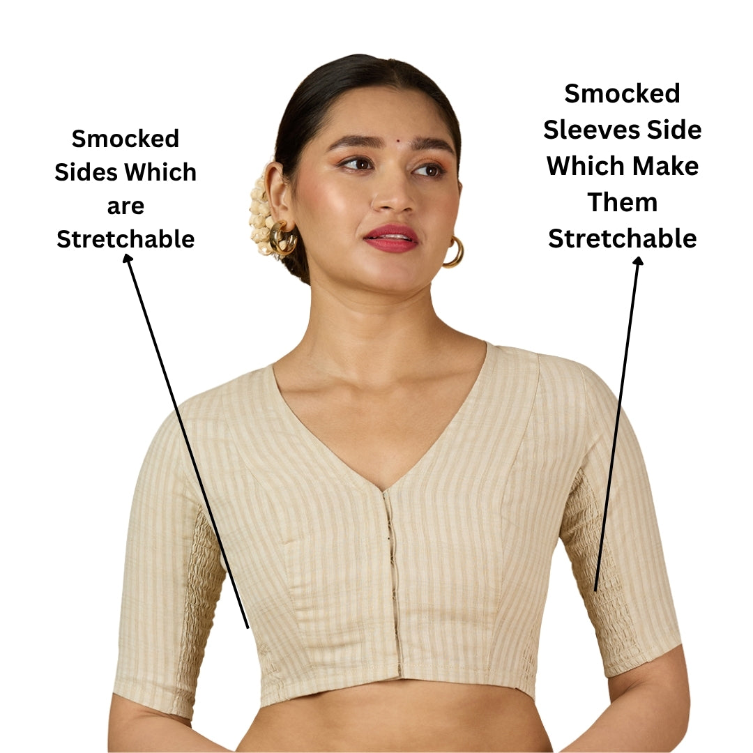 Women's Cream Cotton Madras Checks Saree Blouse with Stretchable Sides (Design 2903)