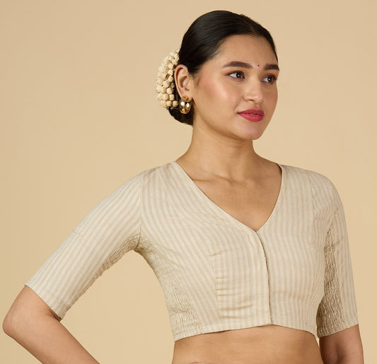 Women's Cream Cotton Madras Checks Saree Blouse with Stretchable Sides (Design 2903)