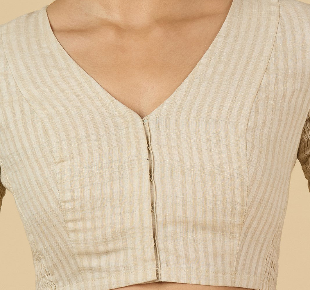 Women's Cream Cotton Madras Checks Saree Blouse with Stretchable Sides (Design 2903)