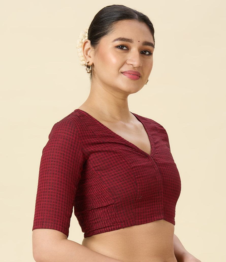 Women's Dark Maroon Cotton Madras Checks Saree Blouse with Stretchable Sides (Design 2903)
