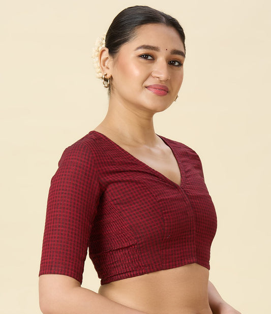 Women's Dark Maroon Cotton Madras Checks Saree Blouse with Stretchable Sides (Design 2903)