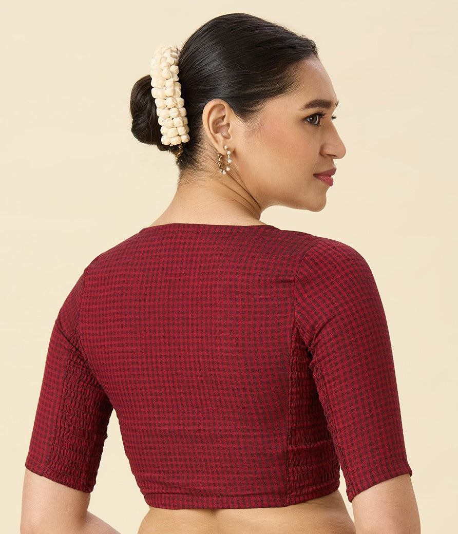 Women's Dark Maroon Cotton Madras Checks Saree Blouse with Stretchable Sides (Design 2903)