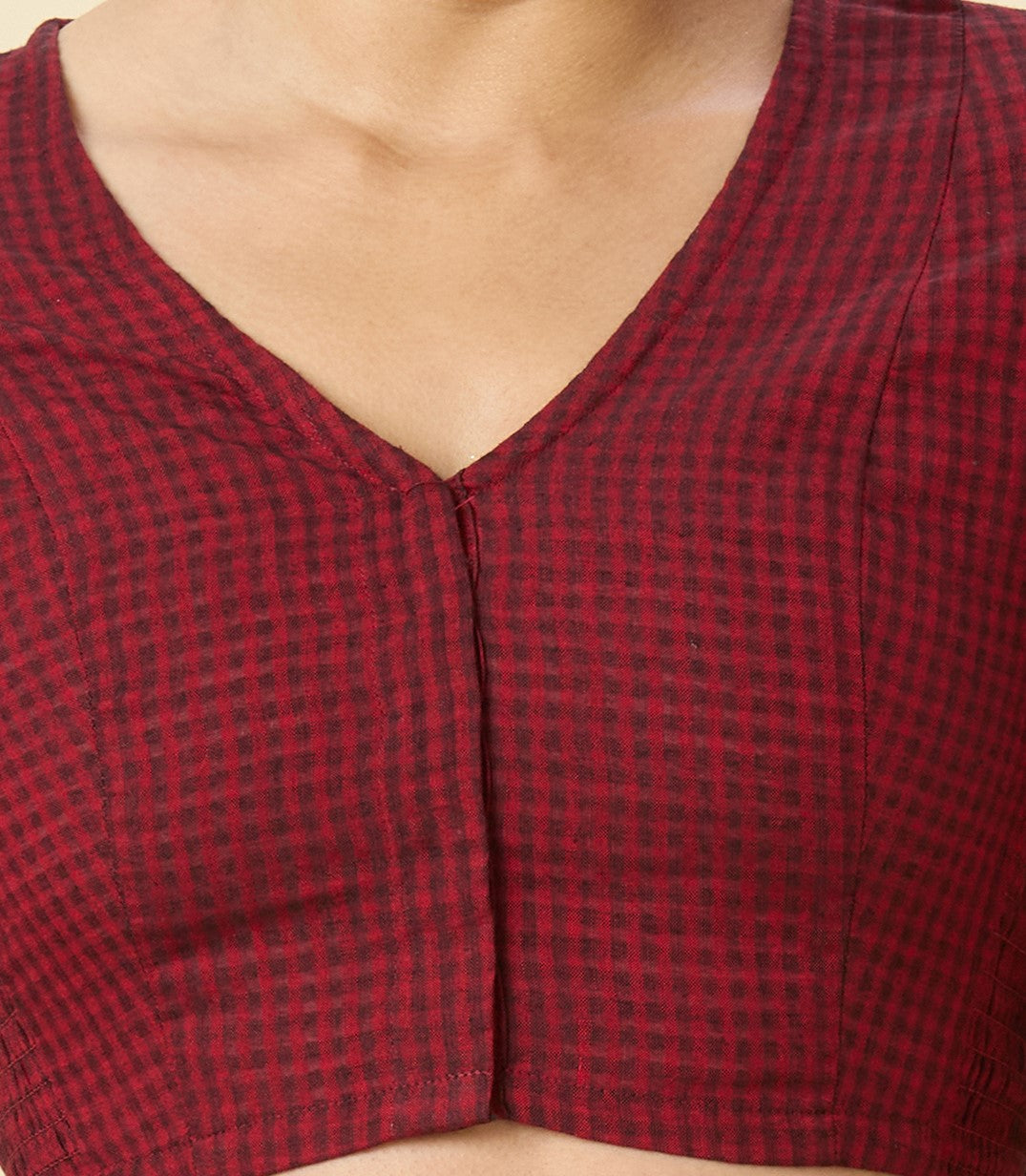 Women's Dark Maroon Cotton Madras Checks Saree Blouse with Stretchable Sides (Design 2903)