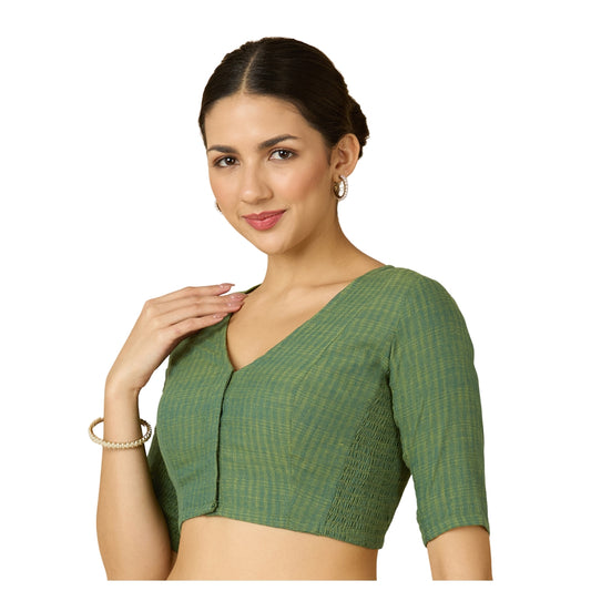 Studio Shringaar Women's Mehendi Cotton Madras Checks Saree Blouse with Stretchable Sides (Design 2903)