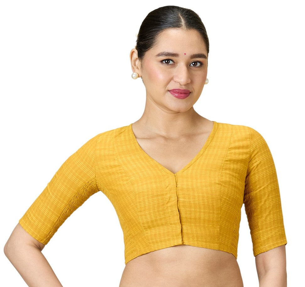 Women's Mustard Cotton Madras Checks Saree Blouse with Stretchable Sides (Design 2903)