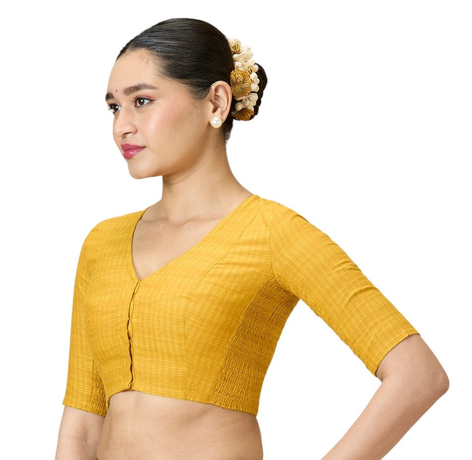 Women's Mustard Cotton Madras Checks Saree Blouse with Stretchable Sides (Design 2903)