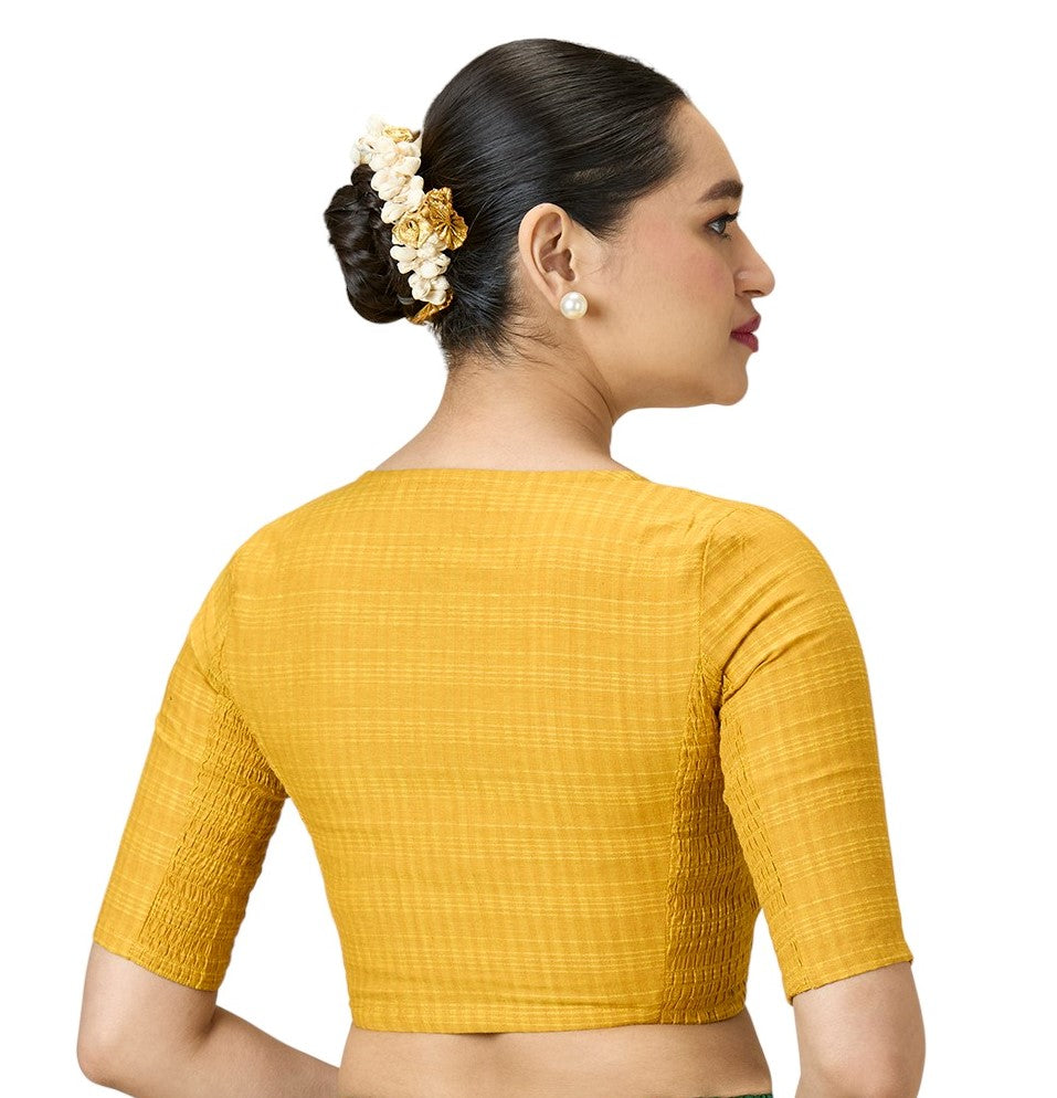 Women's Mustard Cotton Madras Checks Saree Blouse with Stretchable Sides (Design 2903)