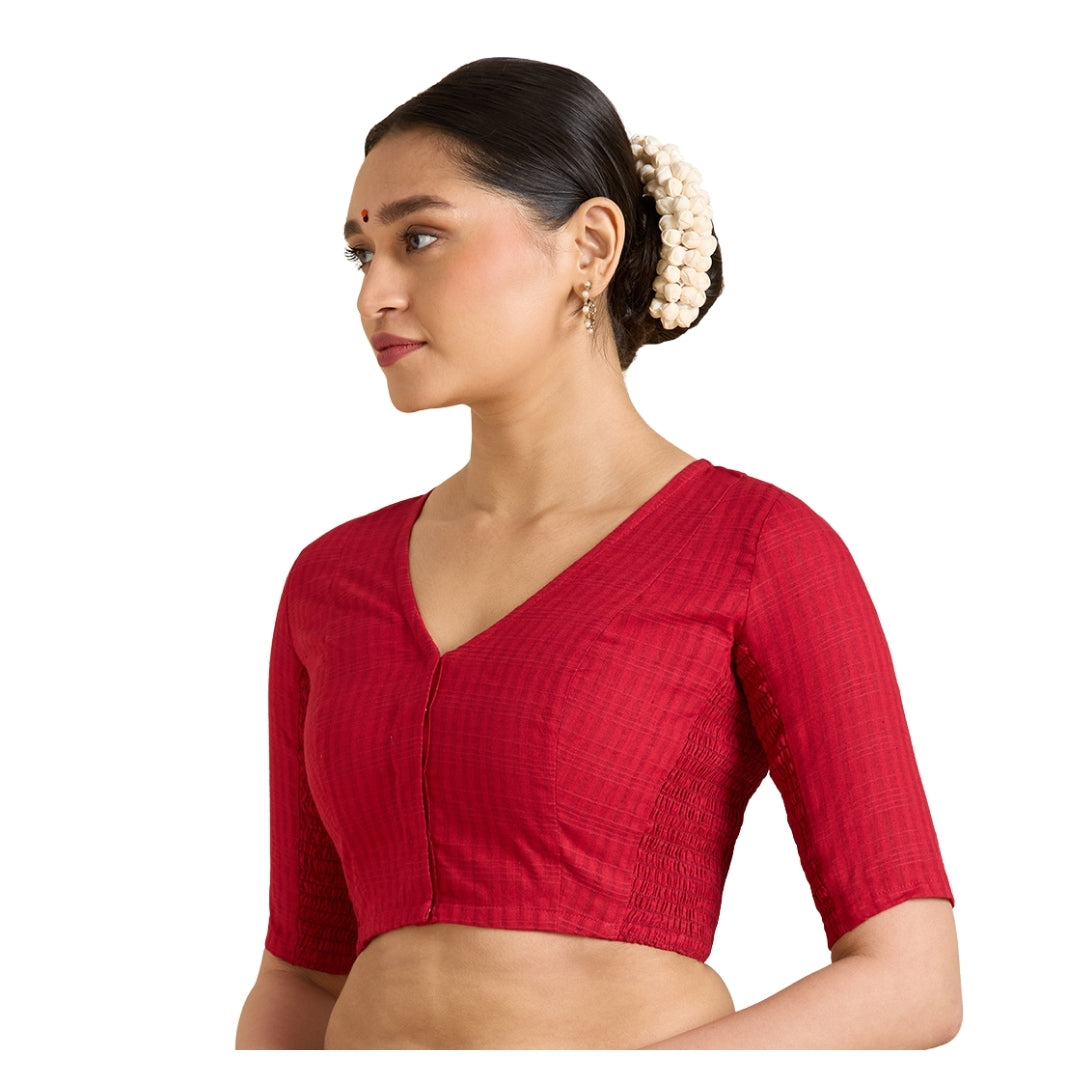 Women's Maroon Cotton Madras Checks Saree Blouse with Stretchable Sides (Design 2903)