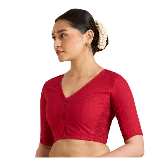 Women's Maroon Cotton Madras Checks Saree Blouse with Stretchable Sides (Design 2903)