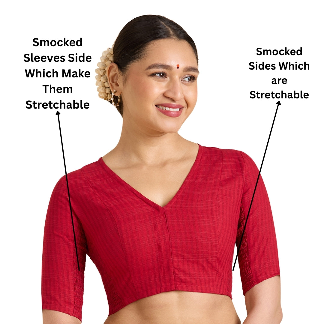 Women's Maroon Cotton Madras Checks Saree Blouse with Stretchable Sides (Design 2903)