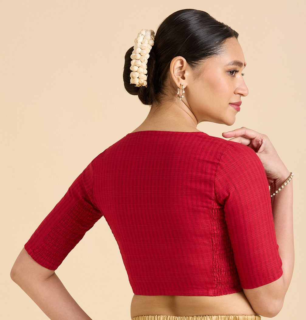 Women's Maroon Cotton Madras Checks Saree Blouse with Stretchable Sides (Design 2903)
