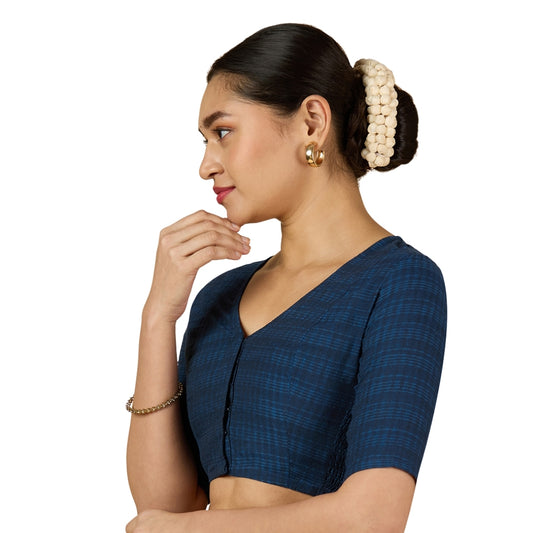 Women's Navy Blue Cotton Madras Checks Saree Blouse with Stretchable Sides (Design 2903)