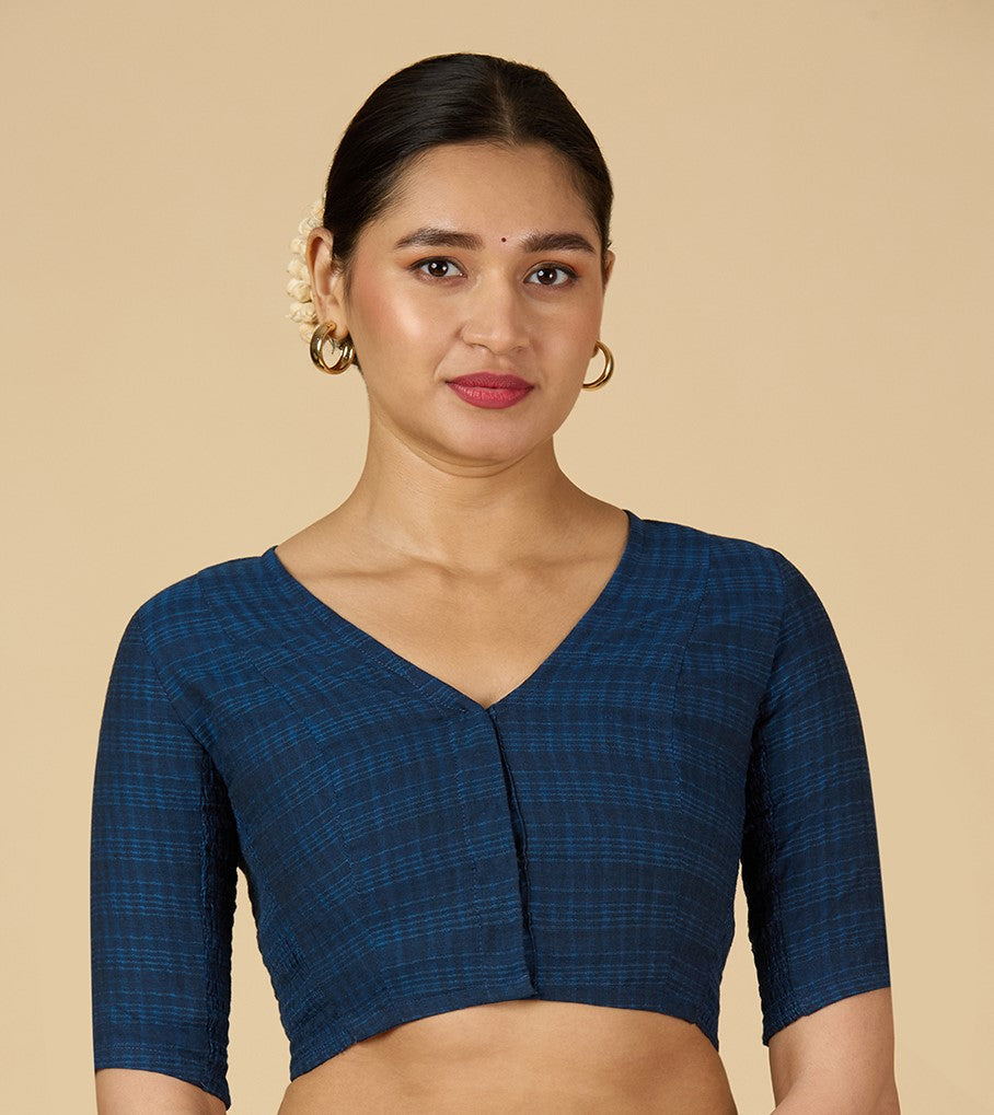 Women's Navy Blue Cotton Madras Checks Saree Blouse with Stretchable Sides (Design 2903)