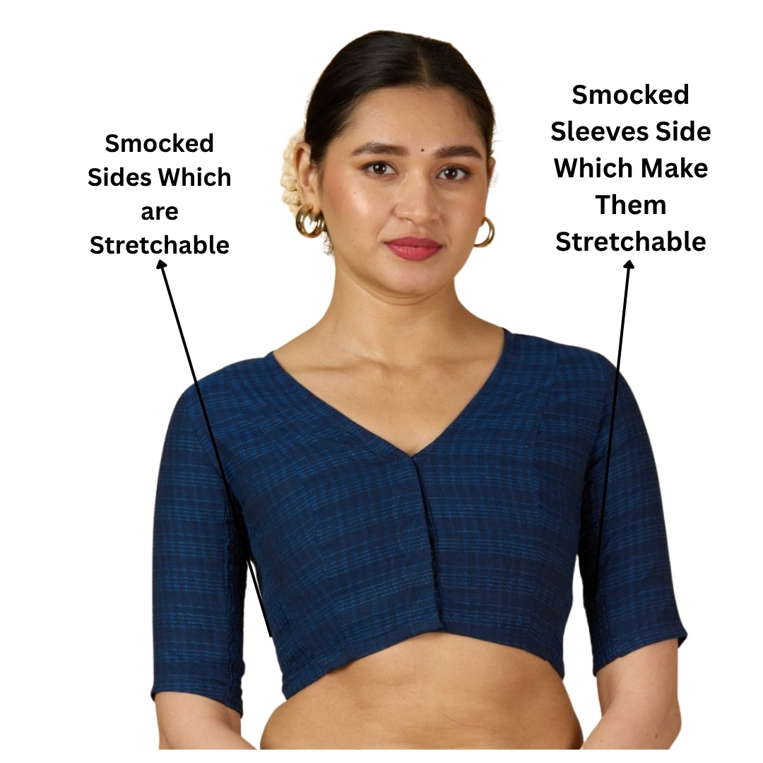 Women's Navy Blue Cotton Madras Checks Saree Blouse with Stretchable Sides (Design 2903)