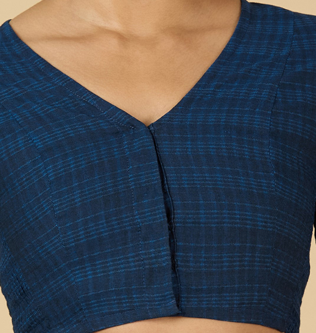 Women's Navy Blue Cotton Madras Checks Saree Blouse with Stretchable Sides (Design 2903)