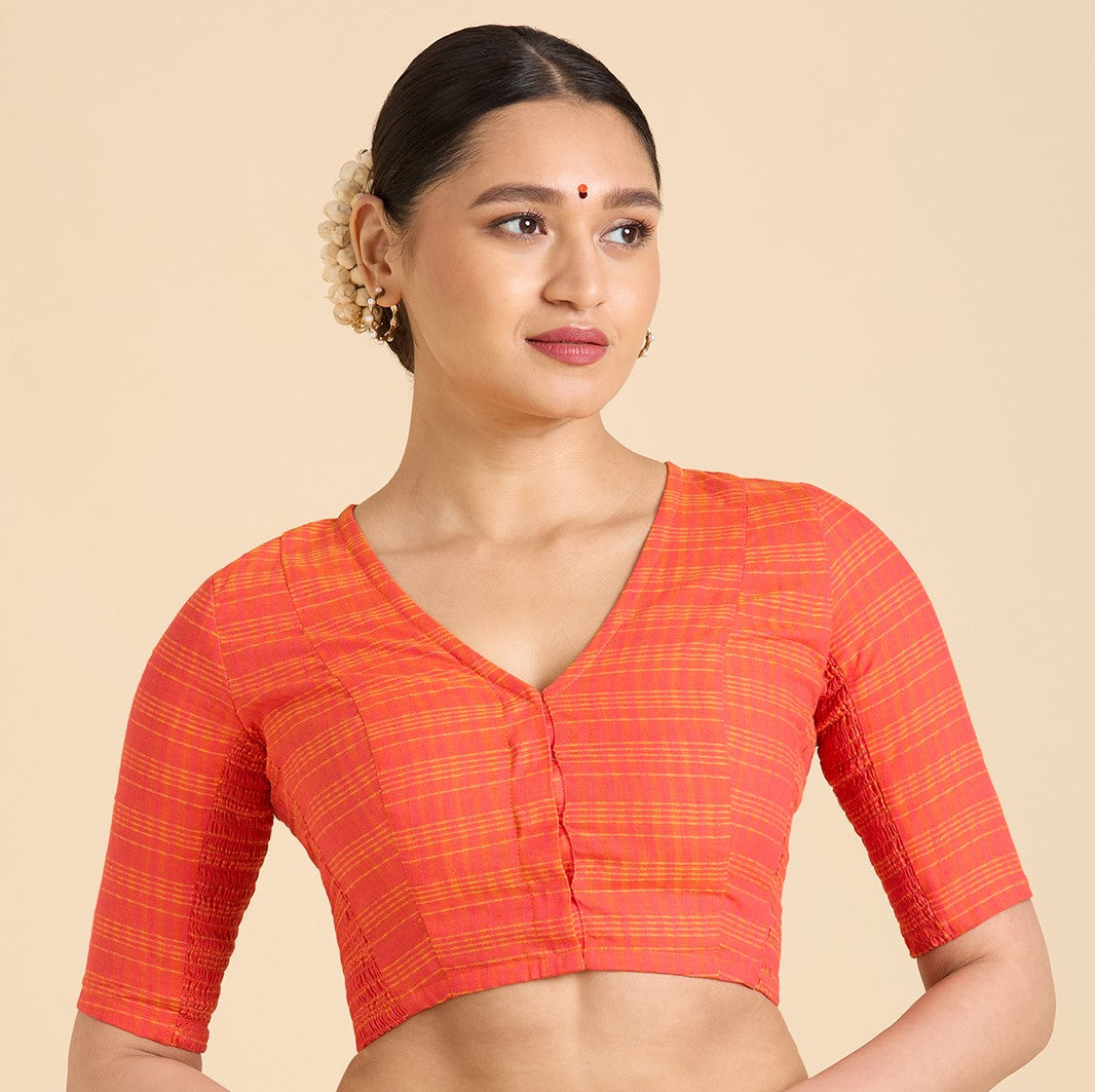 Women's Orange Cotton Madras Checks Saree Blouse with Stretchable Sides (Design 2903)