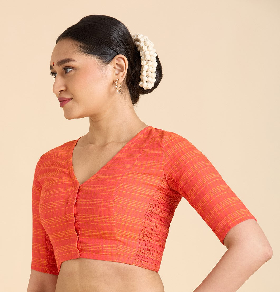 Women's Orange Cotton Madras Checks Saree Blouse with Stretchable Sides (Design 2903)