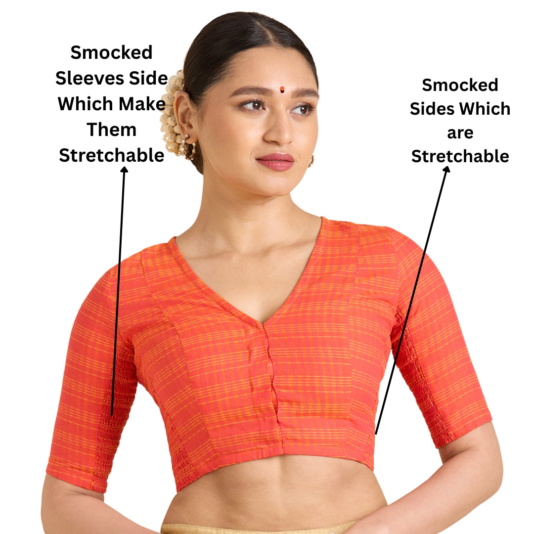 Women's Orange Cotton Madras Checks Saree Blouse with Stretchable Sides (Design 2903)
