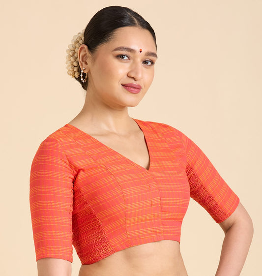 Women's Orange Cotton Madras Checks Saree Blouse with Stretchable Sides (Design 2903)