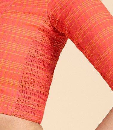 Women's Orange Cotton Madras Checks Saree Blouse with Stretchable Sides (Design 2903)