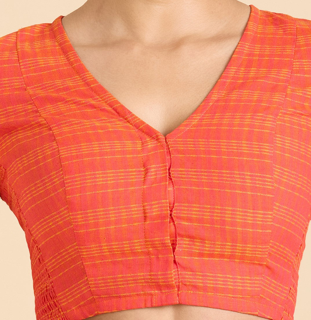 Women's Orange Cotton Madras Checks Saree Blouse with Stretchable Sides (Design 2903)