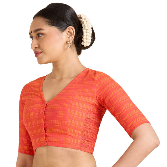 Women's Orange Cotton Madras Checks Saree Blouse with Stretchable Sides (Design 2903)
