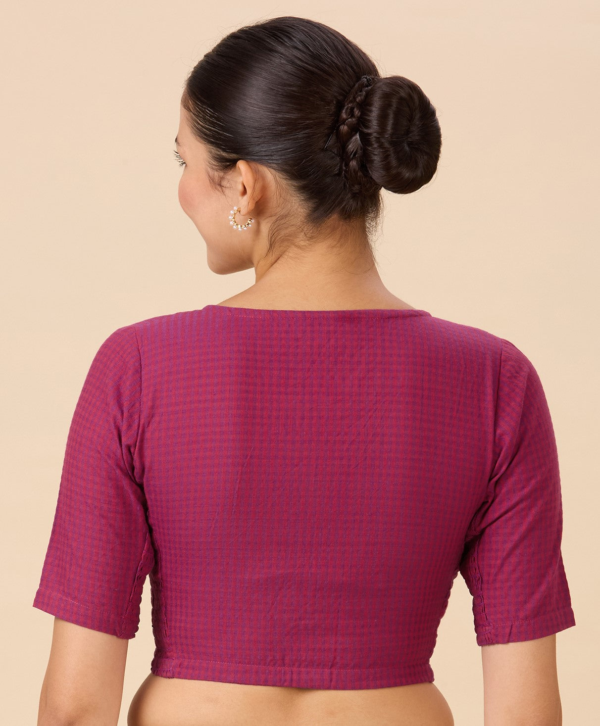 Women's Pink Cotton Madras Checks Saree Blouse with Stretchable Sides (Design 2903)