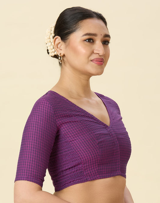Women's Purple Cotton Madras Checks Saree Blouse with Stretchable Sides (Design 2903)