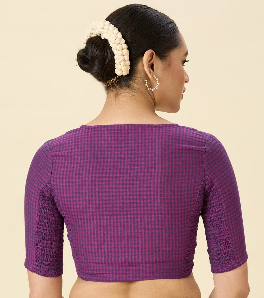 Women's Purple Cotton Madras Checks Saree Blouse with Stretchable Sides (Design 2903)