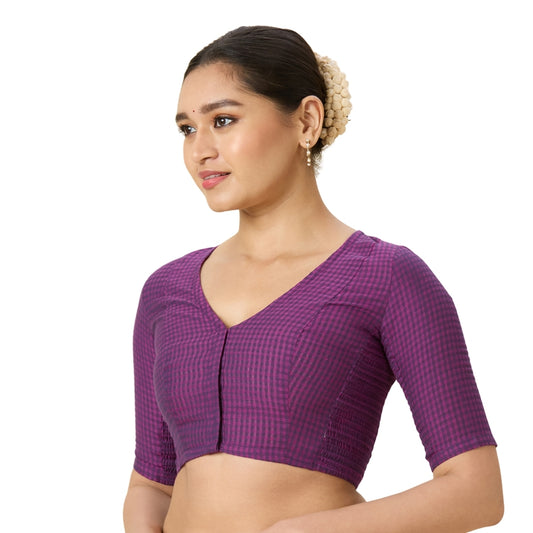 Women's Purple Cotton Madras Checks Saree Blouse with Stretchable Sides (Design 2903)