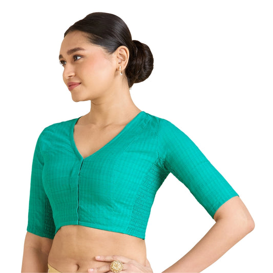 Women's Rama Green Cotton Madras Checks Saree Blouse with Stretchable Sides (Design 2903)