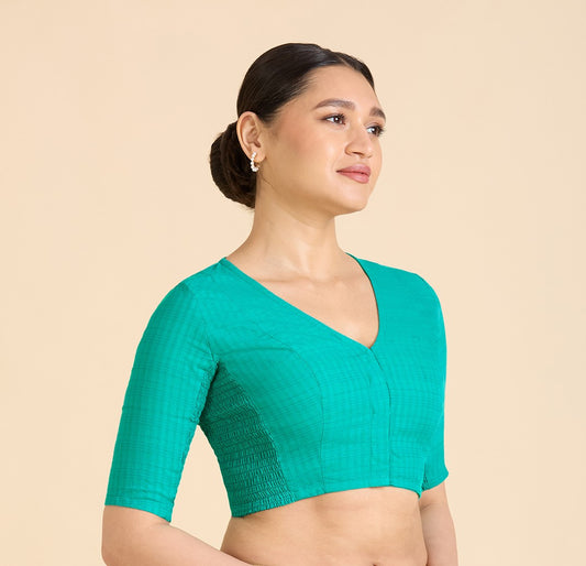 Women's Rama Green Cotton Madras Checks Saree Blouse with Stretchable Sides (Design 2903)