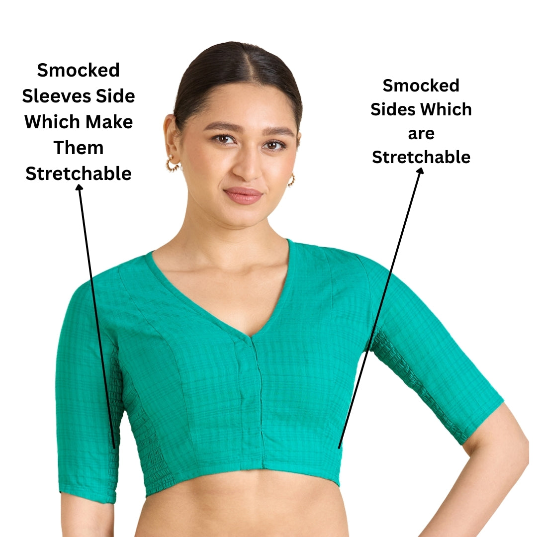 Women's Rama Green Cotton Madras Checks Saree Blouse with Stretchable Sides (Design 2903)
