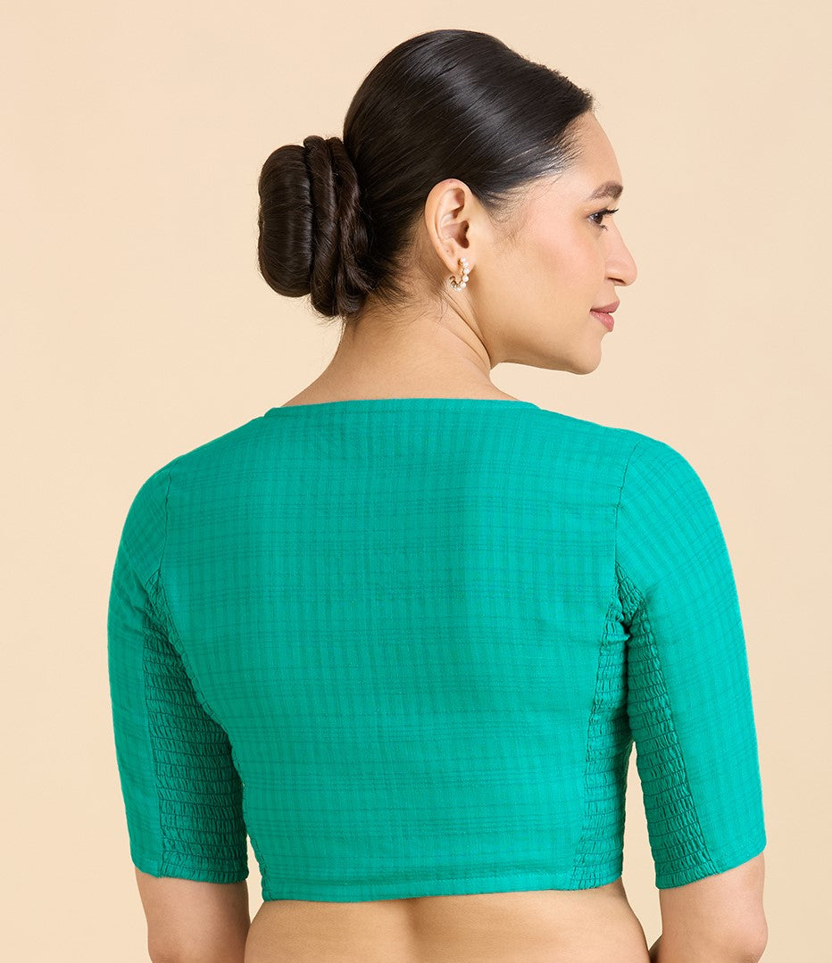 Women's Rama Green Cotton Madras Checks Saree Blouse with Stretchable Sides (Design 2903)