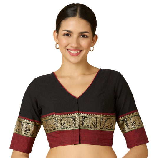 Studio Shringaar Women's Black Handloom Cotton Elephant Temple Border Readymade Saree Blouse (Design 2905)