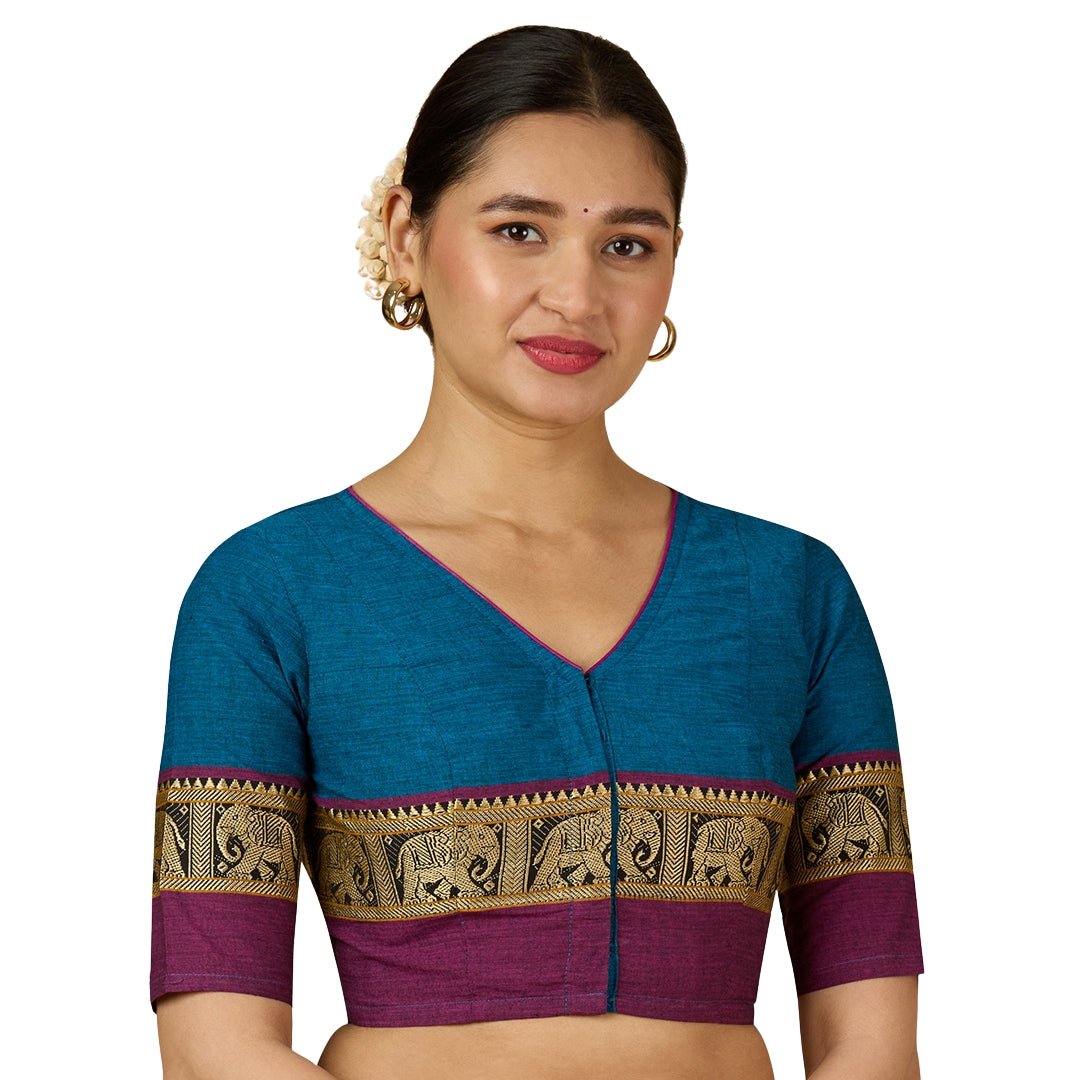 Studio Shringaar Women's Firozi Handloom Cotton Elephant Temple Border Readymade Saree Blouse (Design 2905)