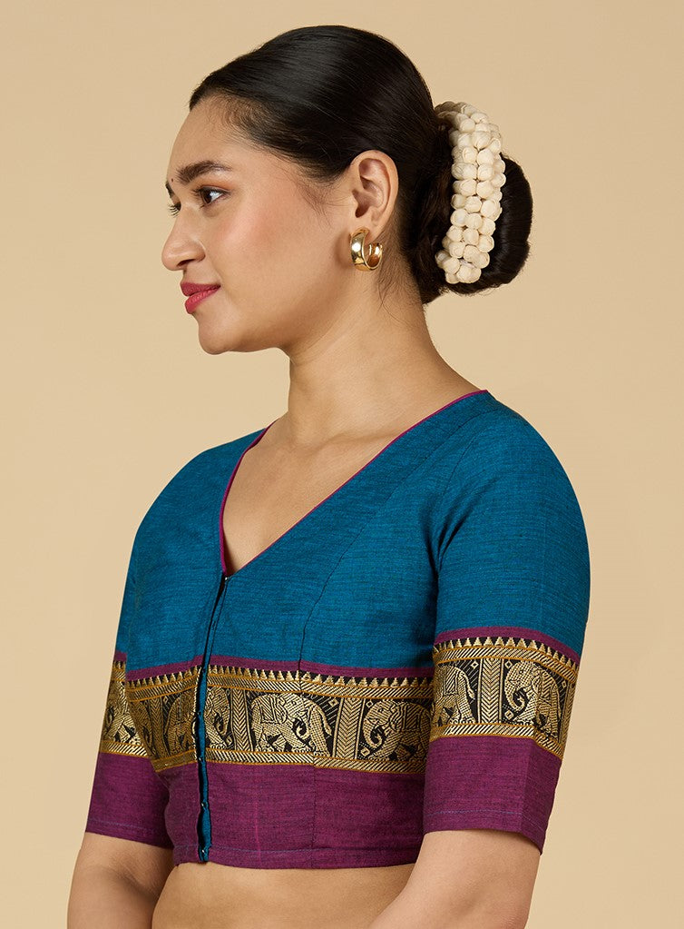 Studio Shringaar Women's Firozi Handloom Cotton Elephant Temple Border Readymade Saree Blouse (Design 2905)