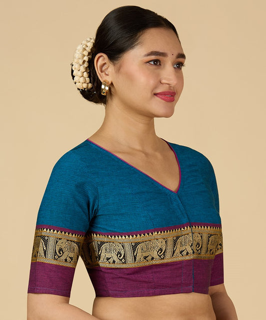 Studio Shringaar Women's Firozi Handloom Cotton Elephant Temple Border Readymade Saree Blouse (Design 2905)