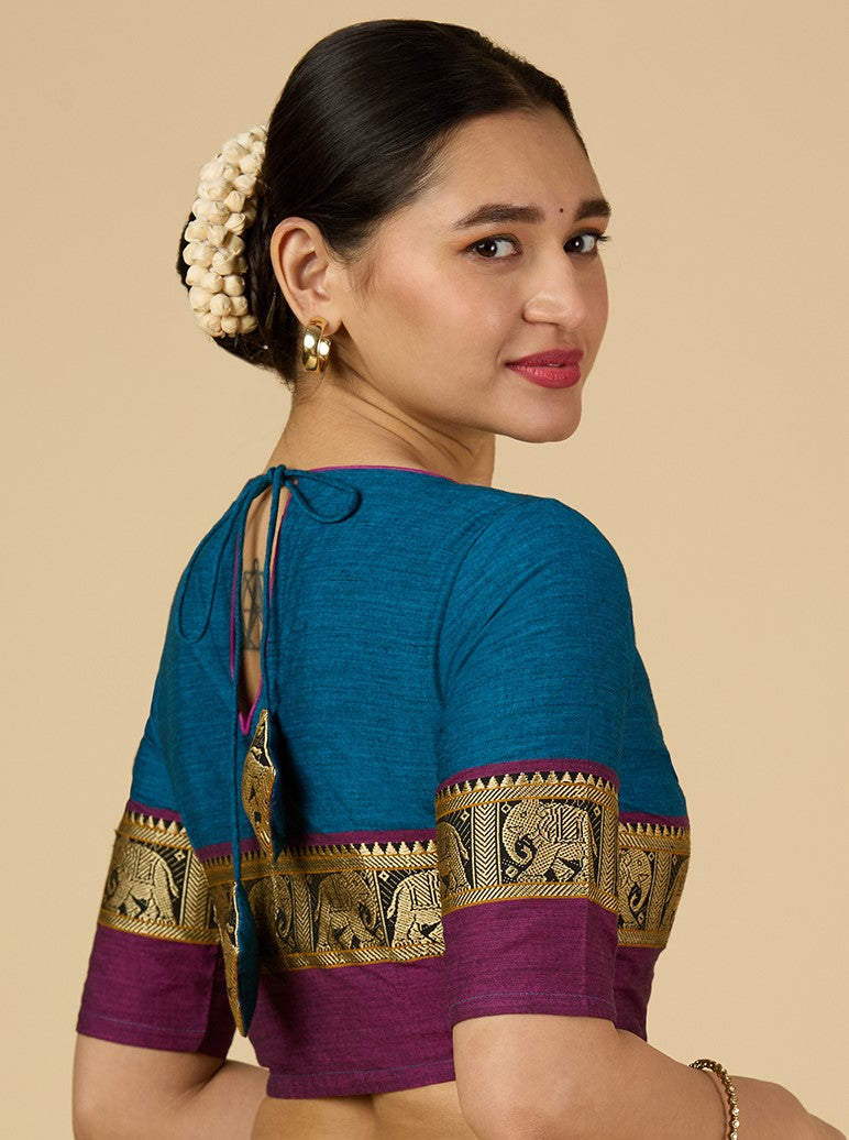 Studio Shringaar Women's Firozi Handloom Cotton Elephant Temple Border Readymade Saree Blouse (Design 2905)
