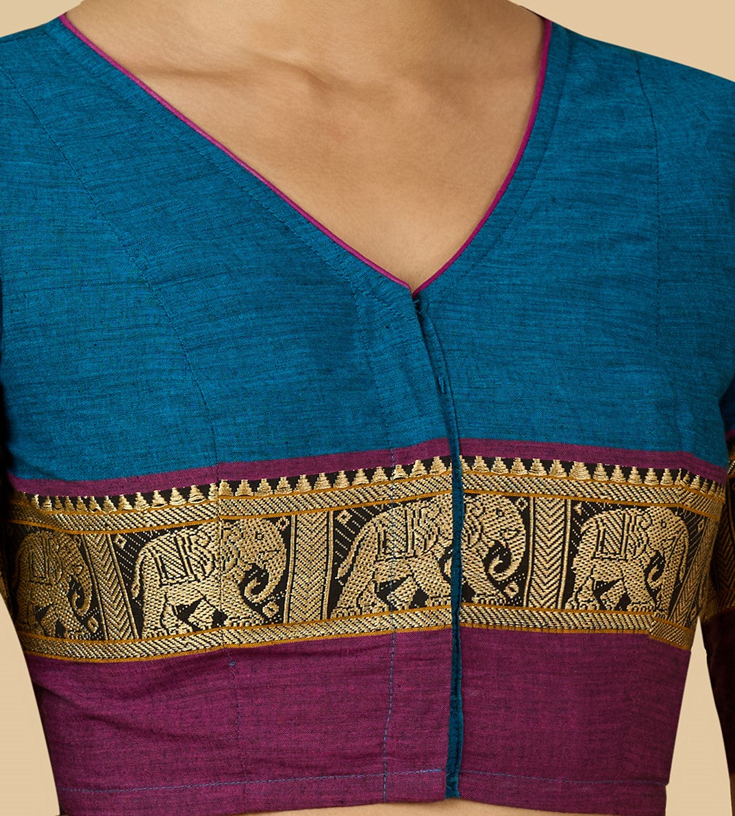 Studio Shringaar Women's Firozi Handloom Cotton Elephant Temple Border Readymade Saree Blouse (Design 2905)