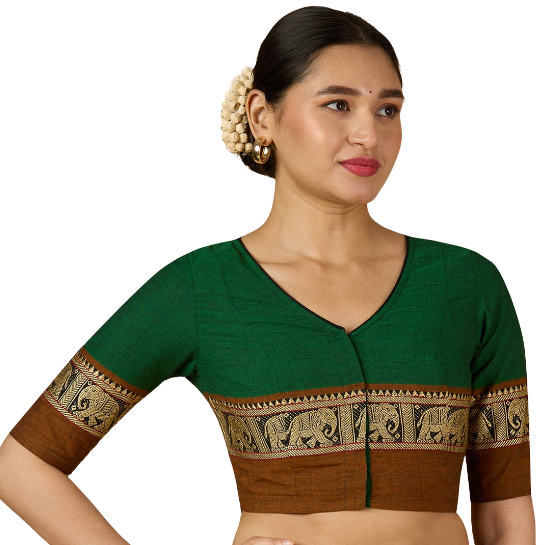 Studio Shringaar Women's Green Handloom Cotton Elephant Temple Border Readymade Saree Blouse (Design 2905)