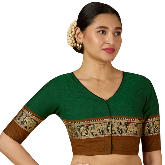 Studio Shringaar Women's Green Handloom Cotton Elephant Temple Border Readymade Saree Blouse (Design 2905)