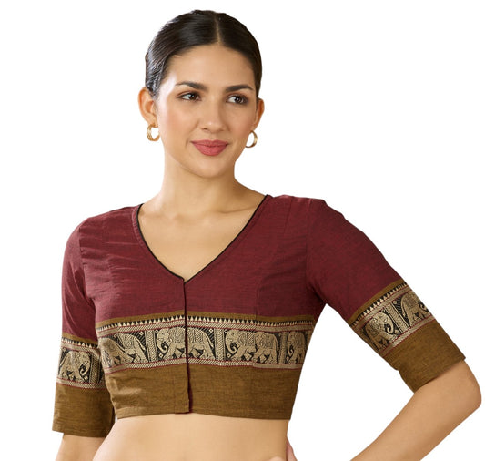 Studio Shringaar Women's Maroon Handloom Cotton Elephant Temple Border Readymade Saree Blouse (Design 2905)