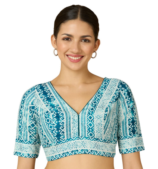 Women's Blue Heavy Cotton Chikan Printed Readymade Saree Blouse (Design 2906)