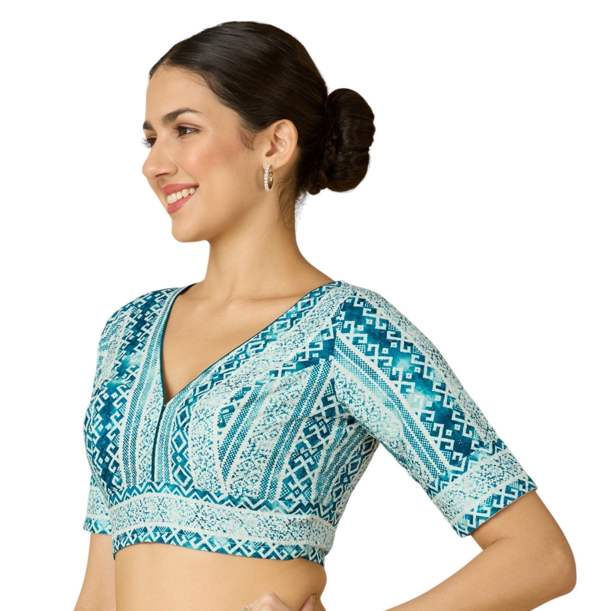 Women's Blue Heavy Cotton Chikan Printed Readymade Saree Blouse (Design 2906)