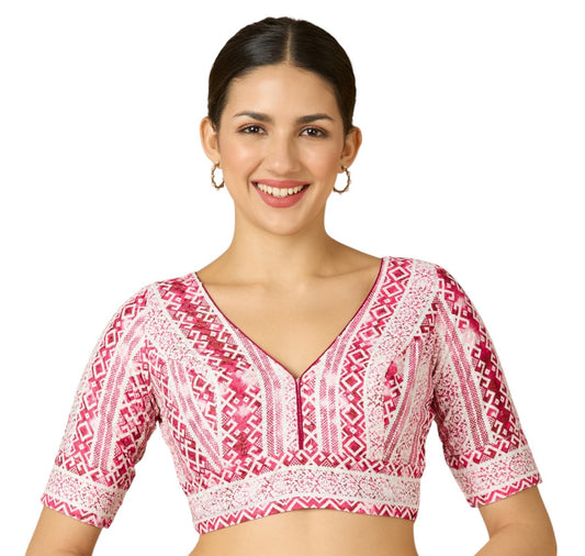Women's Pink Heavy Cotton Chikan Printed Readymade Saree Blouse (Design 2906)