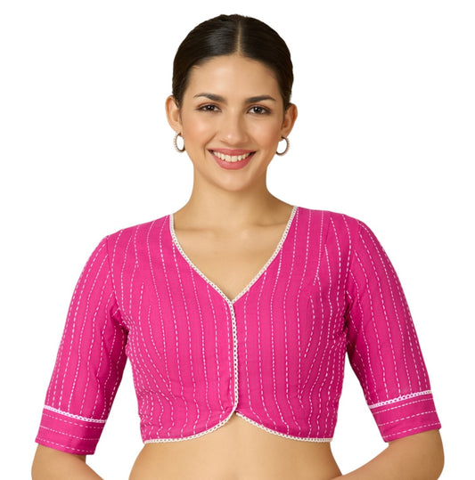Studio Shringaar Women's Pink Cotton Handloom V-Neck Readymade Saree Blouse with Off White Stripes (Design 2907)